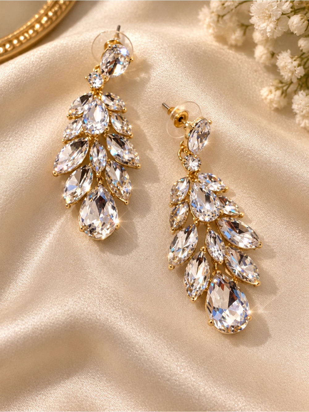 Gold Crystal Teardrop Statement Earrings - Women Jewelry